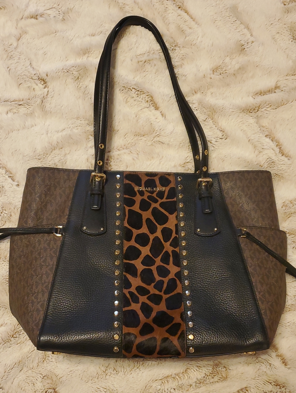 Michael Kors Black and Brown Giraffe-Print Studded Tote